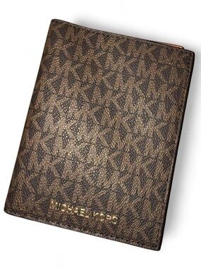 Michael Kors Brown MK Logo Passport/Card Holder with Gold Logo